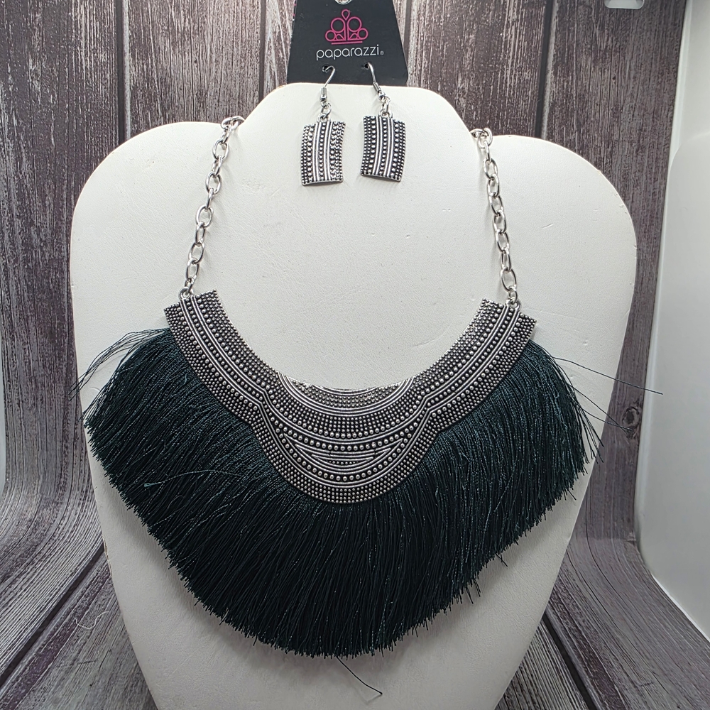 Paparazzi Silver and Dark Emerald Fringe Necklace Set